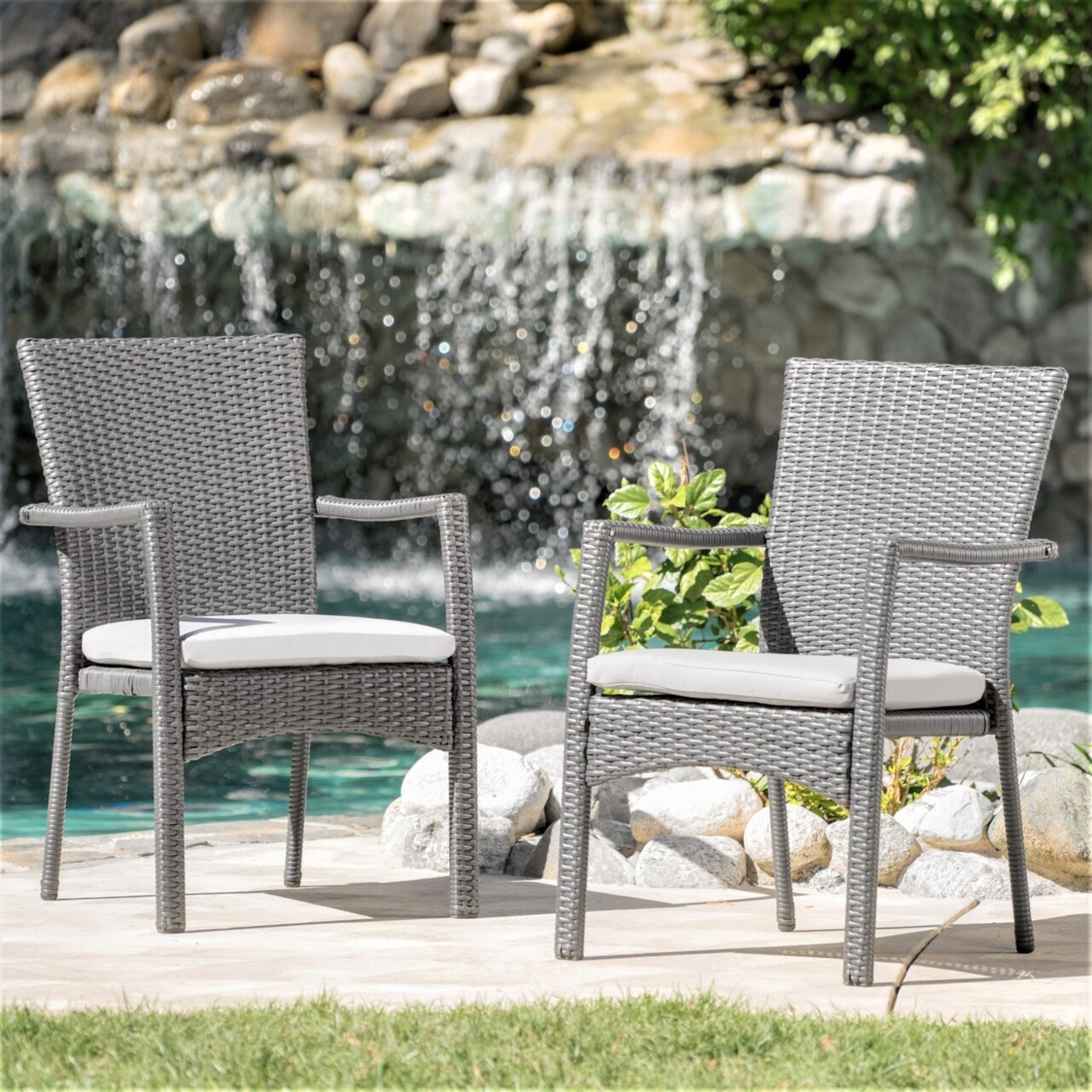 GDFStudio Tigua Outdoor Grey Wicker Dining Chair with Cushions (Set of 2)